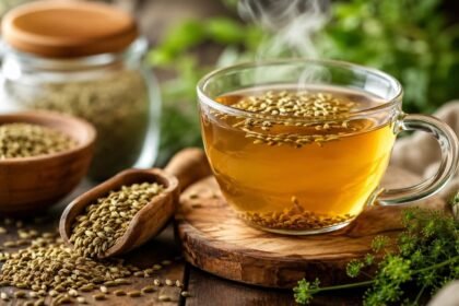 ஓம விதைகள் மற்றும் ஓம நீர் கொண்ட ஒரு கிண்ணம்