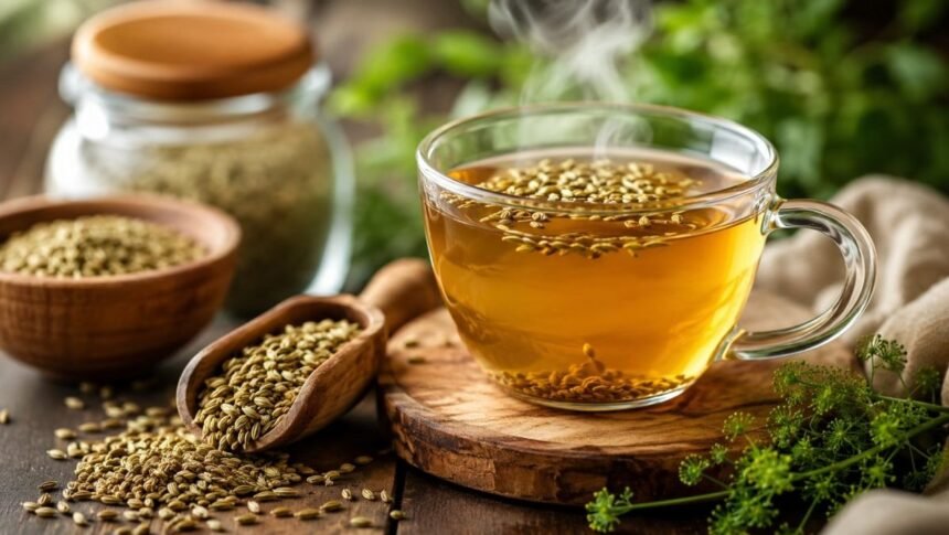 ஓம விதைகள் மற்றும் ஓம நீர் கொண்ட ஒரு கிண்ணம்