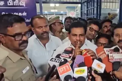 திமுக எம்.எல்.ஏ. அனிதா ராதாகிருஷ்ணன் பேட்டியளிக்கும் காட்சி