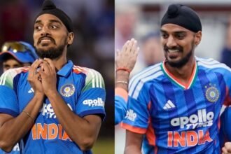 இந்திய வேகப்பந்து வீச்சாளர் அர்ஷ்தீப் சிங் பந்து வீசுகிறார்