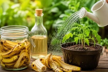 வாழைப்பழத் தோல் மற்றும் வினிகர் கலவையுடன் செடிகள்