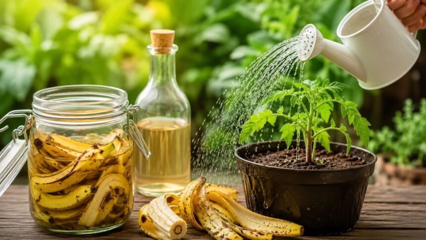 வாழைப்பழத் தோல் மற்றும் வினிகர் கலவையுடன் செடிகள்
