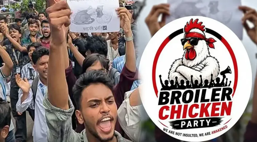 வங்கதேச மாணவர்கள் 'பிராய்லர் சிக்கன் கட்சி' என்ற பெயரில் போராட்டம் நடத்துதல்