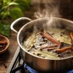 பிரியாணி இலைகள் மற்றும் தண்ணீர் கொண்ட ஒரு பாத்திரம்