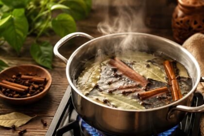 பிரியாணி இலைகள் மற்றும் தண்ணீர் கொண்ட ஒரு பாத்திரம்