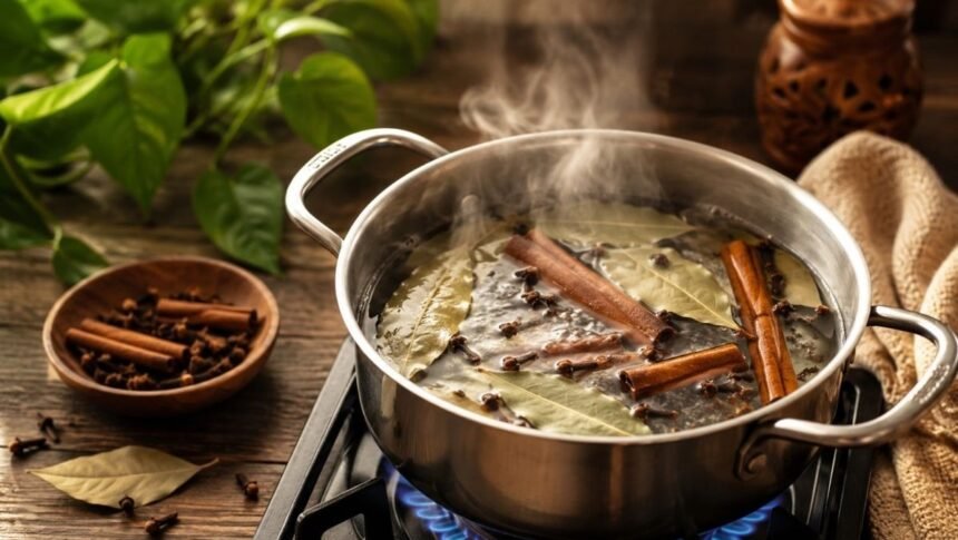 பிரியாணி இலைகள் மற்றும் தண்ணீர் கொண்ட ஒரு பாத்திரம்