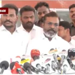 விடுதலை சிறுத்தைகள் கட்சித் தலைவர் திருமாவளவன் செய்தியாளர்களை சந்திக்கும் காட்சி