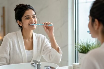 காலை உணவுடன் ஒருவர் பல் துலக்கும் காட்சி