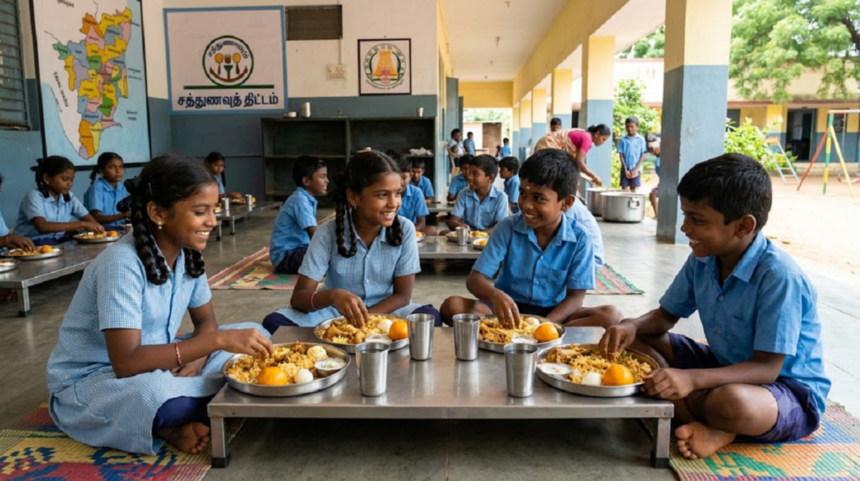 தமிழக அமைச்சர் ராஜ்மோகன் பள்ளிகளில் சிக்கன் பிரியாணி வழங்குவது குறித்து பேசுகிறார்