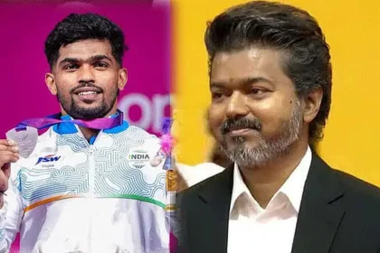முதலமைச்சர் விஜய் வீரர் ராஜா முத்துப்பாண்டிக்கு வாழ்த்து தெரிவிக்கும் படம்