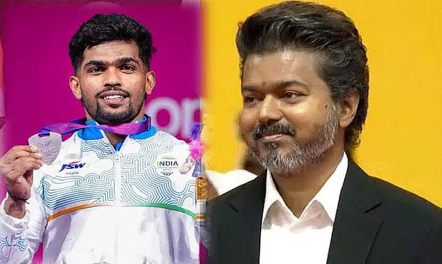 முதலமைச்சர் விஜய் வீரர் ராஜா முத்துப்பாண்டிக்கு வாழ்த்து தெரிவிக்கும் படம்