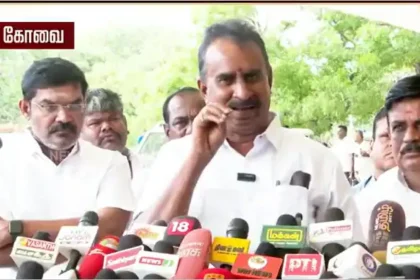 அதிமுக முன்னாள் அமைச்சர் எஸ்.பி.வேலுமணி செய்தியாளர் சந்திப்பில் பேசுகிறார்