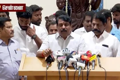 பாஜக மாநில தலைவர் நயினார் நாகேந்திரன் செய்தியாளர்களை சந்திக்கும் காட்சி