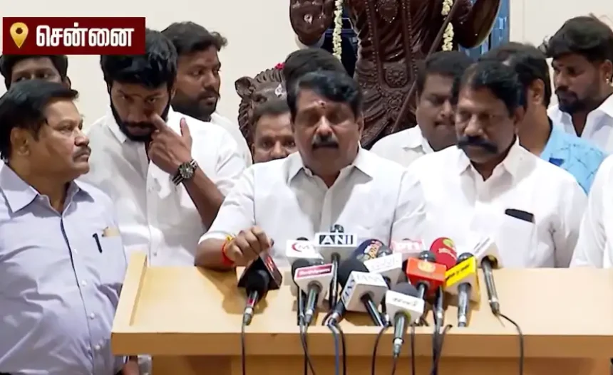 பாஜக மாநில தலைவர் நயினார் நாகேந்திரன் செய்தியாளர்களை சந்திக்கும் காட்சி