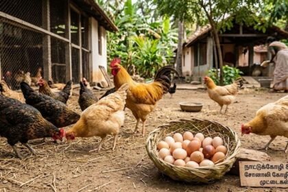 கடைகளில் விற்கப்படும் முட்டைகள் மற்றும் கோழி வளர்ப்பு தொடர்பான காட்சி
