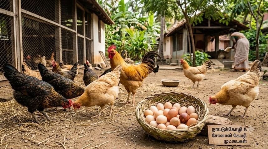 கடைகளில் விற்கப்படும் முட்டைகள் மற்றும் கோழி வளர்ப்பு தொடர்பான காட்சி
