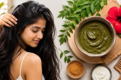 கறிவேப்பிலை மற்றும் தேங்காய் எண்ணெயுடன் ஹேர் ஸ்பா தயாரிக்கும் பெண்