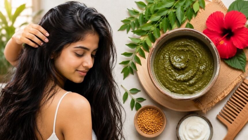 கறிவேப்பிலை மற்றும் தேங்காய் எண்ணெயுடன் ஹேர் ஸ்பா தயாரிக்கும் பெண்