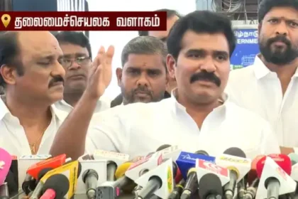 அமைச்சர் நிர்மல்குமார் செய்தியாளர்களை சந்திக்கும் காட்சி
