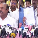 முன்னாள் அமைச்சர் எ.வ. வேலு செய்தியாளர்களை சந்திக்கும் காட்சி