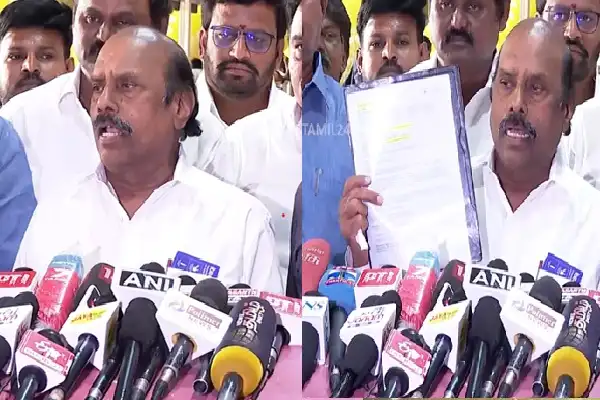 முன்னாள் அமைச்சர் எ.வ. வேலு செய்தியாளர்களை சந்திக்கும் காட்சி