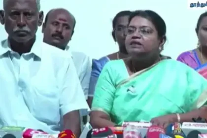 முன்னாள் அமைச்சர் கீதா ஜீவன் செய்தியாளர் சந்திப்பில் பேசுகிறார்