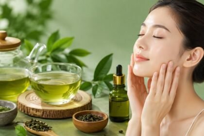 கிரீன் டீ இலைகள் மற்றும் ஒரு கிண்ணத்தில் கிரீன் டீ
