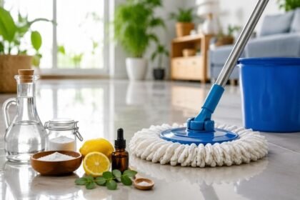 வீட்டின் தரையை சுத்தம் செய்யும் நபர்