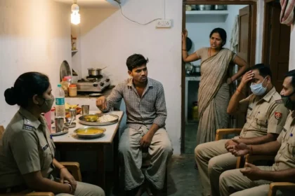 கணவன்-மனைவி குடும்பப் பிரச்சனை குறித்து காவல்துறையினரிடம் புகார் அளிக்கும் காட்சி