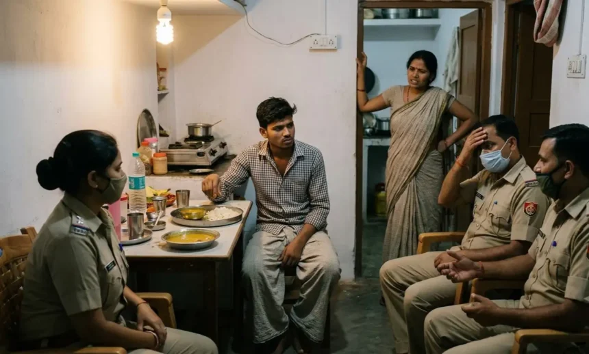 கணவன்-மனைவி குடும்பப் பிரச்சனை குறித்து காவல்துறையினரிடம் புகார் அளிக்கும் காட்சி