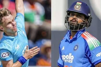 மைதானத்தில் வாக்குவாதத்தில் ஈடுபடும் இந்திய வீரர் ஸ்ரேயாஸ் ஐயர் மற்றும் இங்கிலாந்து வீரர் சாம் கர்ரன்