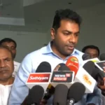 அமைச்சர் ஆதவ் அர்ஜுனா செய்தியாளர்களை சந்திக்கும் காட்சி