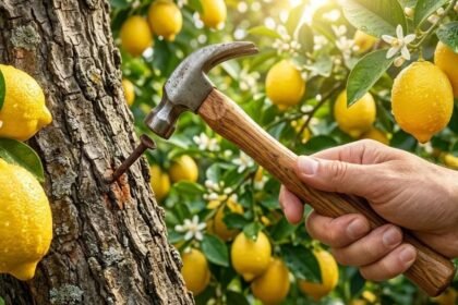 எலுமிச்சை மரத்தில் இரும்பு ஆணி அடிக்கும் காட்சி
