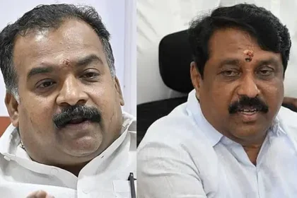 மாணிக்கம் தாகூர் மற்றும் நயினார் நாகேந்திரன் ஆகியோர் செய்தியாளர் சந்திப்பில் பேசும் காட்சி