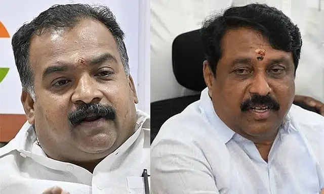 மாணிக்கம் தாகூர் மற்றும் நயினார் நாகேந்திரன் ஆகியோர் செய்தியாளர் சந்திப்பில் பேசும் காட்சி