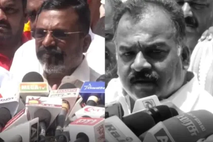 தமிழ்நாடு காங்கிரஸ் கமிட்டி தலைவர் மாணிக்கம் தாகூர் செய்தியாளர்களை சந்திக்கும் காட்சி