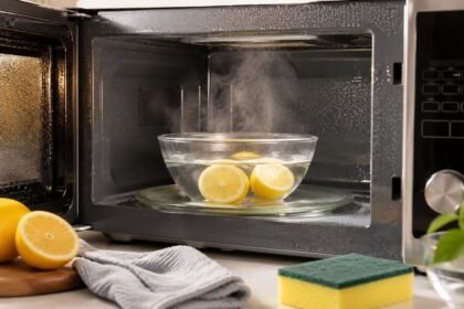 மைக்ரோவேவ் அடுப்பை எலுமிச்சை கொண்டு சுத்தம் செய்யும் காட்சி
