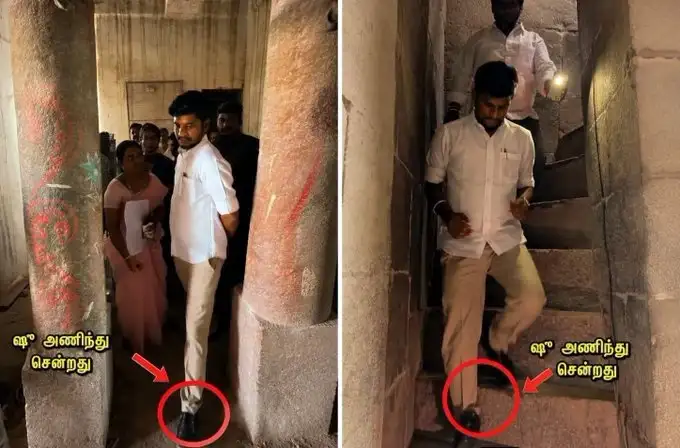 அமைச்சர் ரமேஷ் ஸ்ரீரங்கம் கோயில் கோபுரத்தை பார்வையிடும் காட்சி