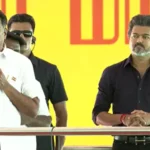 முதலமைச்சர் விஜய் மேடையில் அமர்ந்திருக்கும் காட்சி