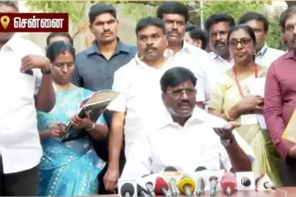 உயர்கல்வித்துறை அமைச்சர் விஸ்வநாதன் செய்தியாளர்களை சந்திக்கும் காட்சி