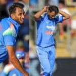 இந்திய கிரிக்கெட் வீரர் பிரசித் கிருஷ்ணா பந்துவீசும் காட்சி