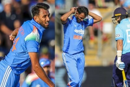 இந்திய கிரிக்கெட் வீரர் பிரசித் கிருஷ்ணா பந்துவீசும் காட்சி