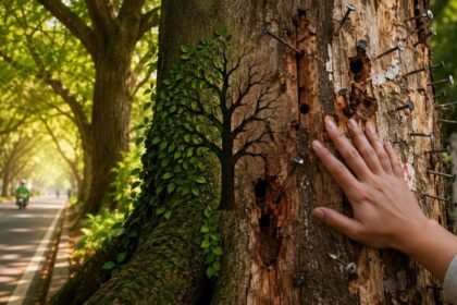 மரத்தின் பட்டையில் ஆணி அடிக்கப்பட்டிருக்கும் காட்சி