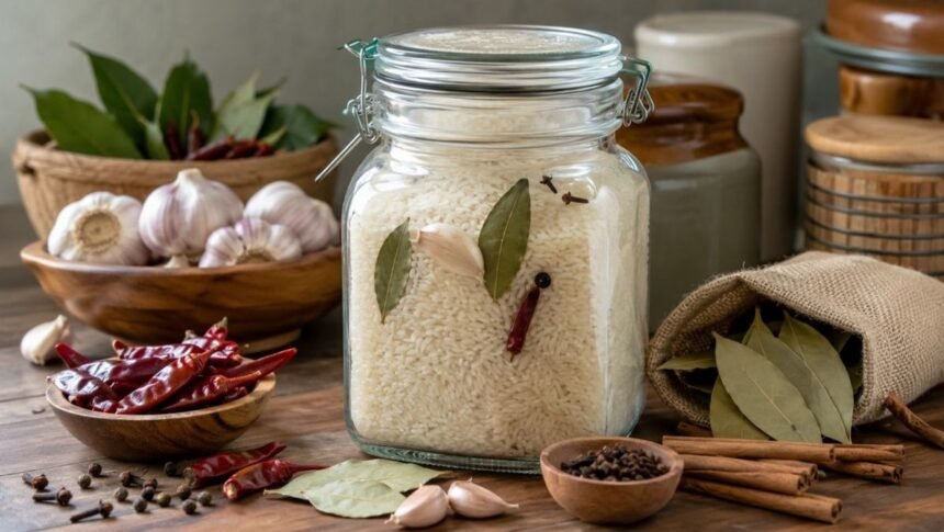 சமையலறையில் அரிசி சேமித்து வைக்கப்பட்டிருக்கும் காட்சி