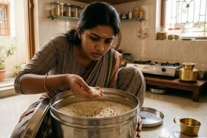 அரிசி டப்பாவில் பூச்சிகளை விரட்ட இயற்கை பொருட்களை பயன்படுத்தும் கை