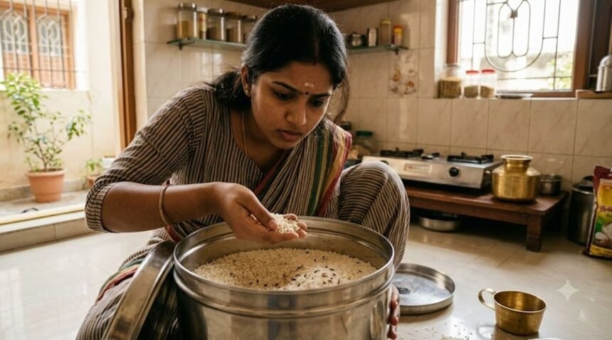 அரிசி டப்பாவில் பூச்சிகளை விரட்ட இயற்கை பொருட்களை பயன்படுத்தும் கை