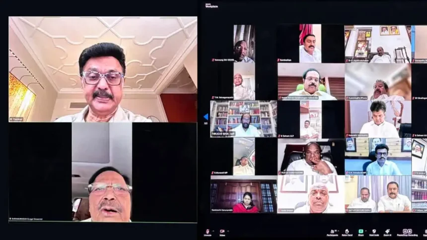 திமுக தலைவர் மு.க.ஸ்டாலின் லண்டனில் இருந்து காணொளி மூலம் எம்பிக்களுடன் ஆலோசனை