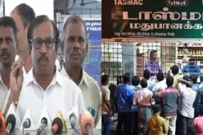 தமிழ்நாடு அரசு டாஸ்மாக் பணியாளர் சங்கத் தலைவர் பழனி பாரதி செய்தியாளர்களை சந்திக்கும் காட்சி
