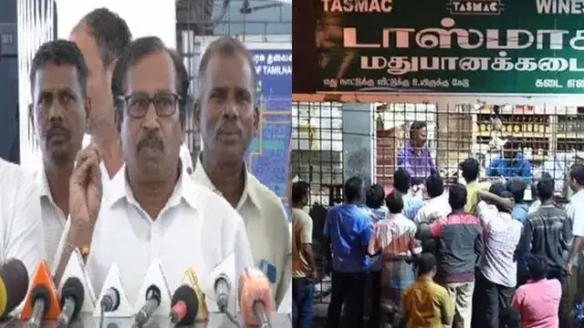 தமிழ்நாடு அரசு டாஸ்மாக் பணியாளர் சங்கத் தலைவர் பழனி பாரதி செய்தியாளர்களை சந்திக்கும் காட்சி