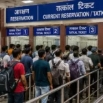 ரயில் நிலையத்தில் தட்கல் டிக்கெட் முன்பதிவு செய்யும் பயணிகள்